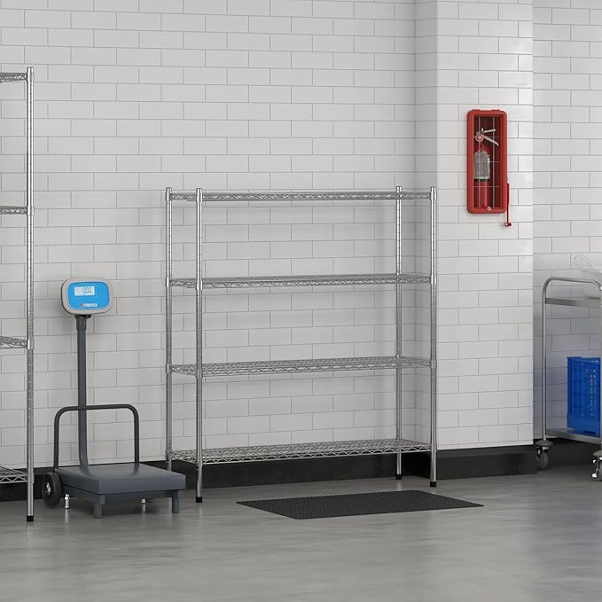 Commercial NSF Listed Chrome Stationary Wire Shelving Kit 14" x 48" x 54", with 4 Shelves Perfect for Warehouse, Walk-in Refrigerator, Freezer, Grocery Store, Restaurant, Dishroom