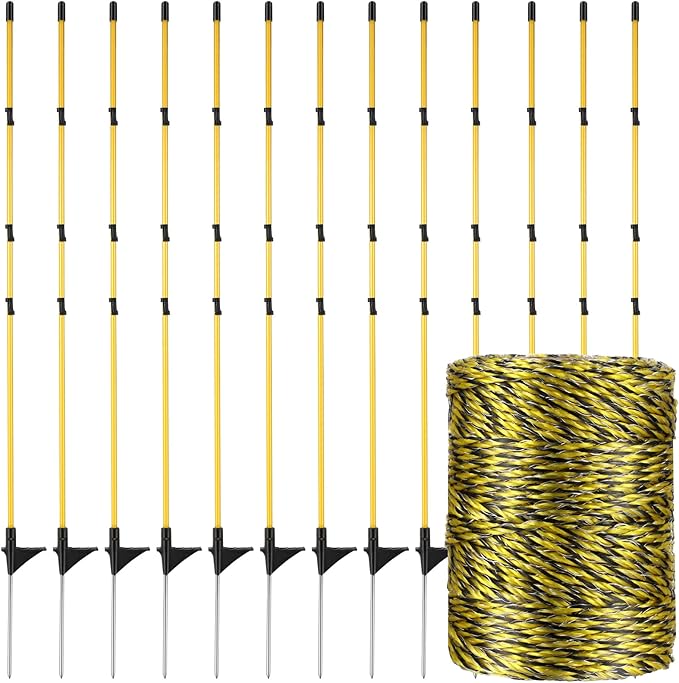 Sasylvia 36 Pcs 45 Inch Fiberglass Electric Fence Posts with 328 Feet Poly Wire Easy Step in Posts Electric Fence Kit for Goats, Sheep, Lambs Livestock in Garden Backyard Farm