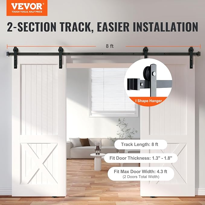 VEVOR 8FT Double Door Sliding Hardware Set, Supports up to 330LBS, Compatible with 3.7-4.3FT Width & 1.3"-1.8" Thickness Door Panels, Includes Quiet I-Shaped Rollers