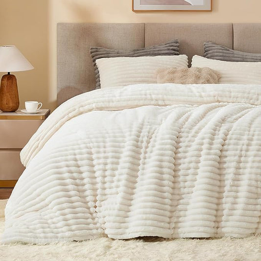 BEDELITE Fleece California King Comforter Set -Super Soft & Warm Fluffy Cream White Bedding, Luxury Fuzzy Heavy Bed Set for Winter with 2 Pillow Cases