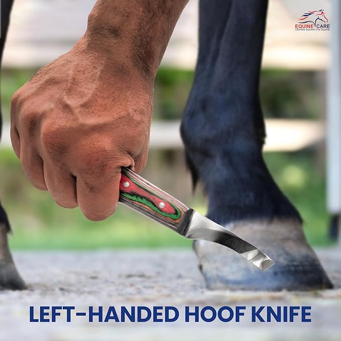 Equine Care Farrier Hoof Knife (Left-Handed) | Razor Sharp J2 Stainless Steel Blade, Ergonomic Handle | Professional Grade Precision Tool for Horse, Cow, Goat & Livestock Hoof Trimming & Shoeing.