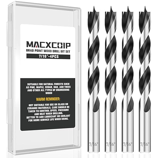 7/16“ Brad Point Wood Drill Bit Set, 4Pcs Drill Bit Set with Double Flutes Design for Carpenter Woodworking and All Types of Wood