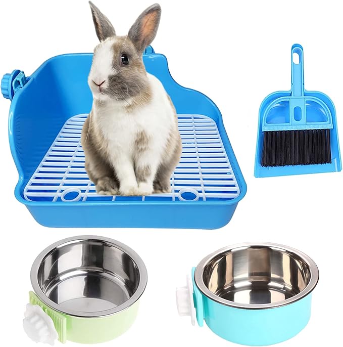 kathson Rabbit Litter Box, Bunny Corner Litter Pan, Pet Toilet Potty Trainer Bedding Box with Detachable Hanging Pet Cage Bowl for Rabbit Bunny Guinea Pig Ferrets Chinchilla(Blue)