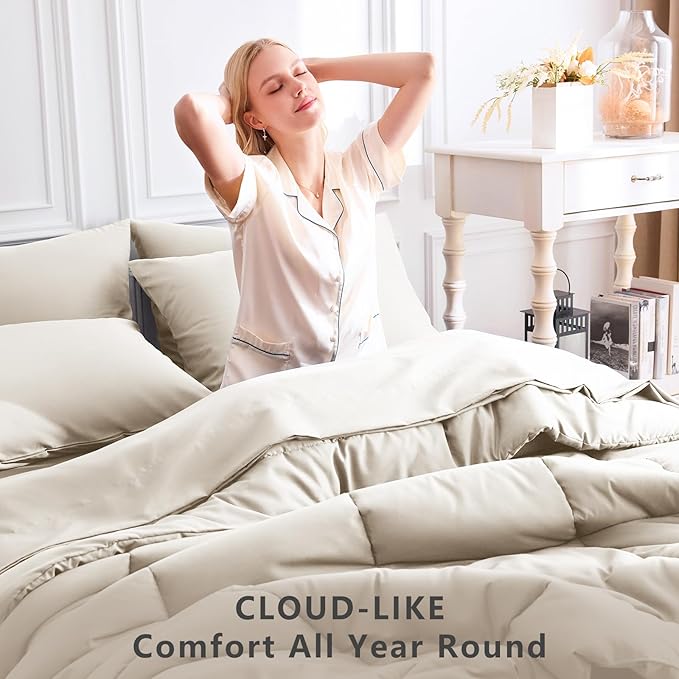CozyLux California King Comforter Sets Beige, 7 Pieces Cal King Bed in a Bag, All Season Bedding Sets with Stitch Quilted Comforter, Flat Sheet, Fitted Sheet, Pillowcases