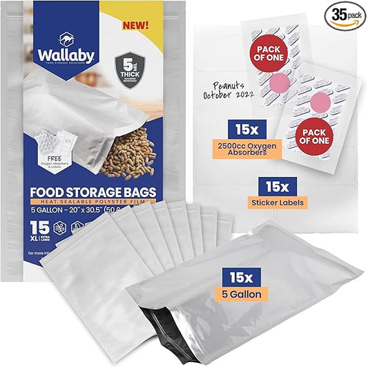 Wallaby 15 Count 5-Gallon Mylar Bags with 2500cc Oxygen Absorbers, 10 Mil Total Thickness Long-Term Food Storage Pouches, 20x30 Resealable Zipper Heat-Sealable Airtight Packaging - Silver