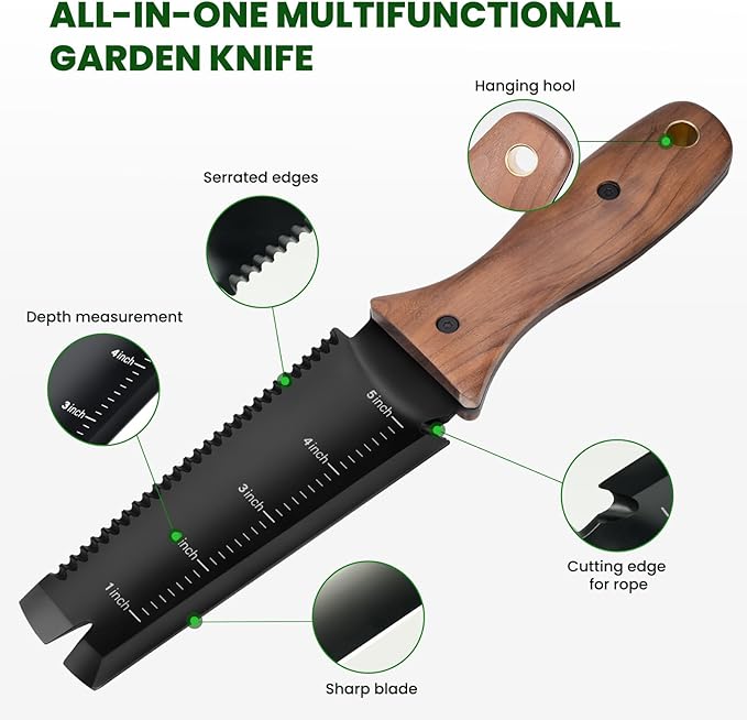 Hori Hori Garden Knife, Garden Tools with Sheath, 6" Stainless Steel Blade with Cutting Edge, Full-Tang Walnut Ergonomic Wood Handle with Hanging Hole, Weeding, Planting, Digging