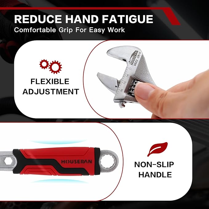 6-Inch Adjustable Wrench, Wide Jaw Adjustable Wrench with Anti-Slip Grips, Cr-V Steel Wrenchs for Home Repair, DIY, Garage