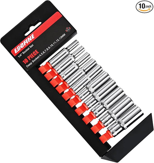 Egofine 10PCS 1/4” Drive Deep Socket Set,Metric Socket Set（4-13mm,6 Point Socket Set With Hanging Bracket,Cr-V Steel