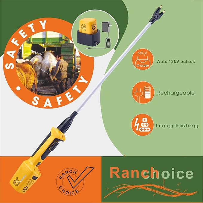 Rechargeable Cattle Stick for Cows Sheep Pig Electric Livestock Prod for Cattle Dog Hog Animal Shocker with 28″ Flexible Shaft (Total 38 INCH)