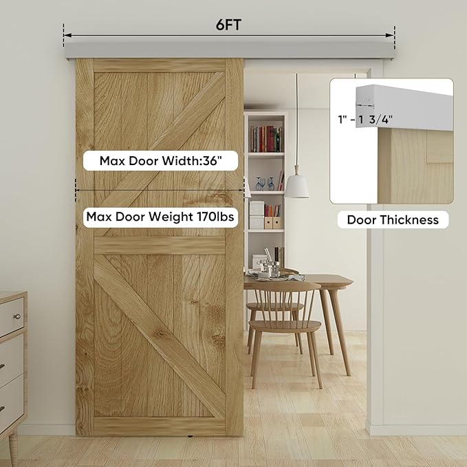JUBEST 6FT Barn Door Sliding Hardware Track Kit, Aluminium Alloy Box Rail Hardware for Classic Modern Interior Single Wooden Door,Low Clearance