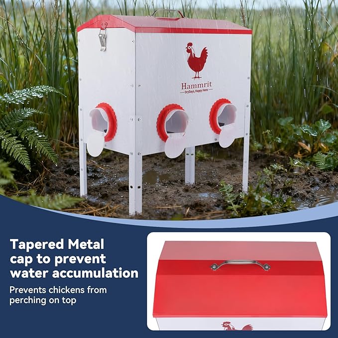 40 lb Large Automatic Chicken Feeder - 6 Feeding Ports, Anti-Waste Design,Height-Adjustable & Secure Locking Lid, Outdoor Rustproof Metal Chicken Feeder Feed Box for Poultry & Backyard