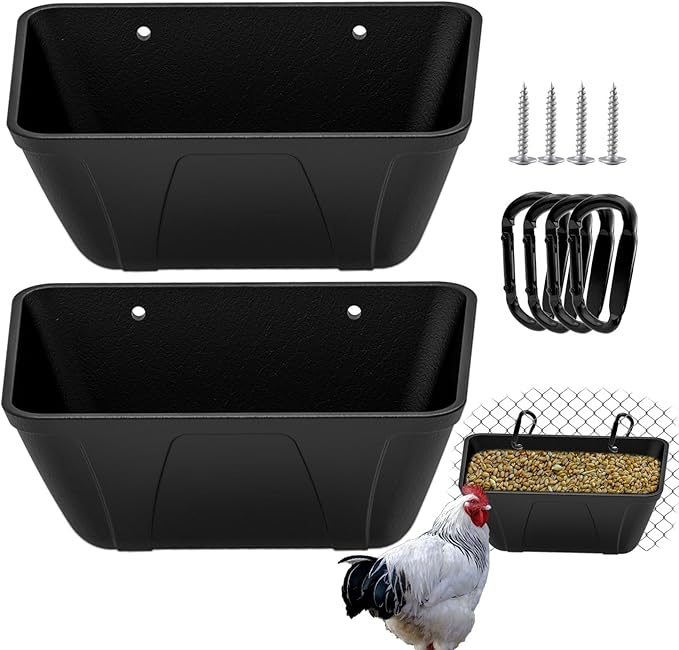 Hanging Fence Feeder for Chicken, Duck, Goat, Pig Poultry Feed Trough Chicken Feeder Bucket Feeding Container for Livestock (Black)