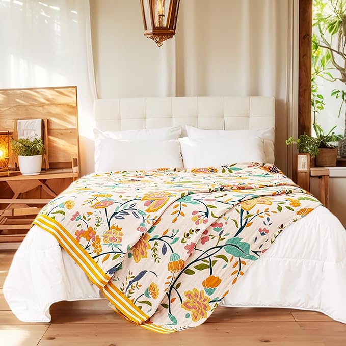 Boho Throw Blanket for Bed, 100% Organic Cotton Breathable Ultra Soft 50" x 60" Quilt Beige Throw - All Season Floral Farmhouse Decor Luxury Reversible Blanket for Sofa Couch Chair and Gift