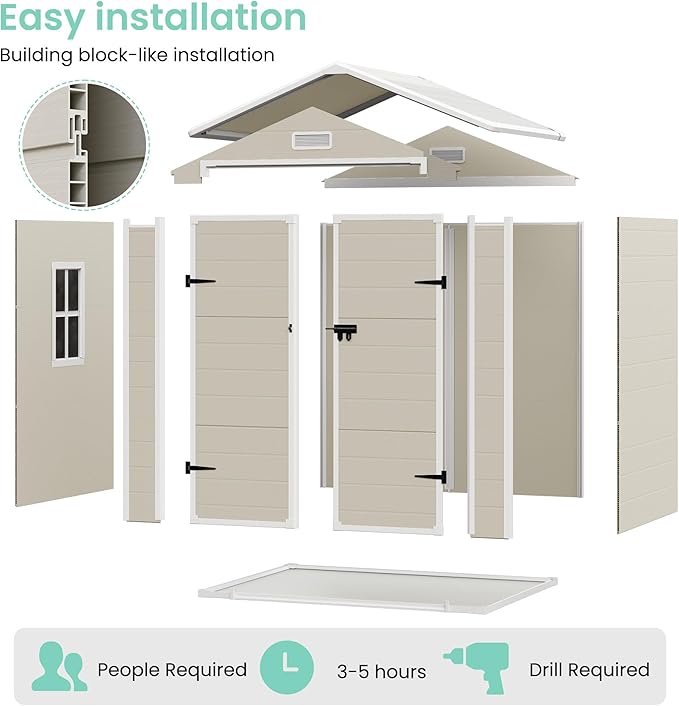 UDPATIO Outdoor Storage Shed 6x4.5 FT, Plastic Resin Outside Sheds & Outdoor Storage for Trash Can, Bike, Lawnmower, Generator, Tool Shed with Lockable Door for Backyard, Lawn, Patio, Sandstone