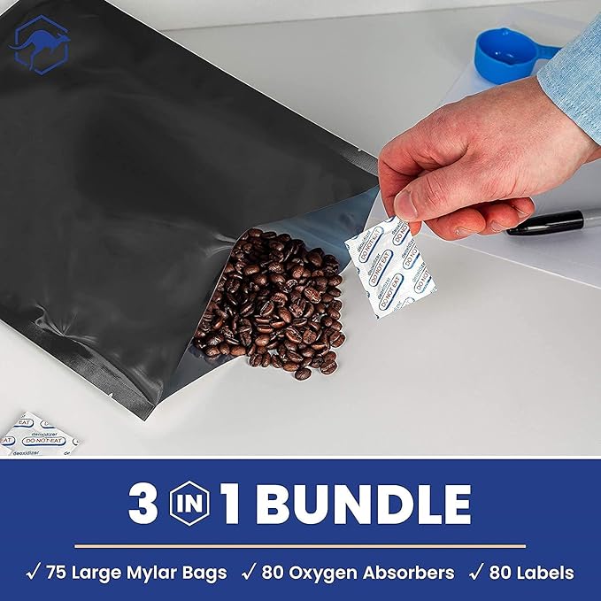 Wallaby 75 Count 1-Gallon Mylar Bags with 400cc Oxygen Absorbers, 10 Mil Total Thickness Long-Term Food Storage Pouches, 10x14 Heat-Sealable Airtight Packaging - Matte Black