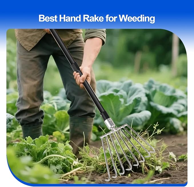 Rake for Leaves Small, Metal Leaf Rakes for Gardening Thatching Weeding Tilling Soil Planting, Hand rake Garden Tool for Cleaning Debris, Weed, Grass in Lawn, Yard, Flower Beds, Landscape