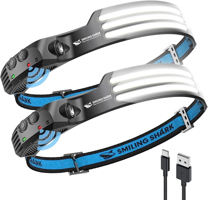 Smiling Shark LED Headlamp, 230°Wide Angle 3*White Light 2 Pack The Brightest Head Lamp Rechargeable Motion Sensor Waterproof Headlight for Camping Hiking Outdoor, Head-Lamp-LED-Frontale-Light