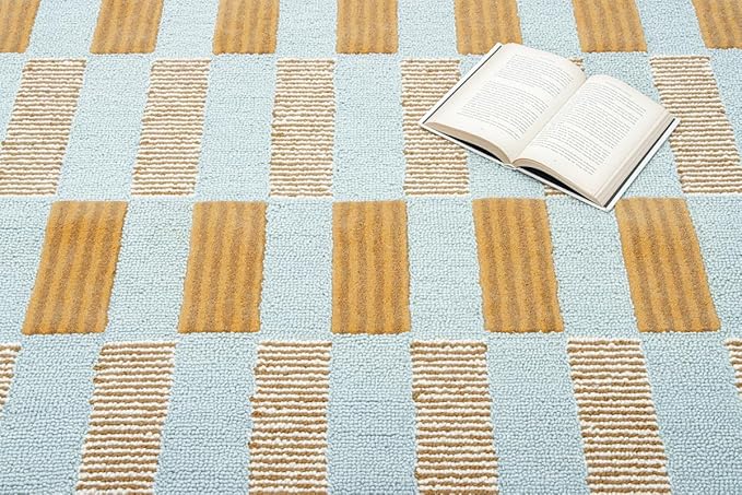 Hand-Tufted Wool Rug with Scalloped Edges, Light Blue Plaid Pattern, Cozy Soft Area Rug for Living Room, Bedroom, and Nursery, Handmade Modern Accent Rug, 8x10 Ft