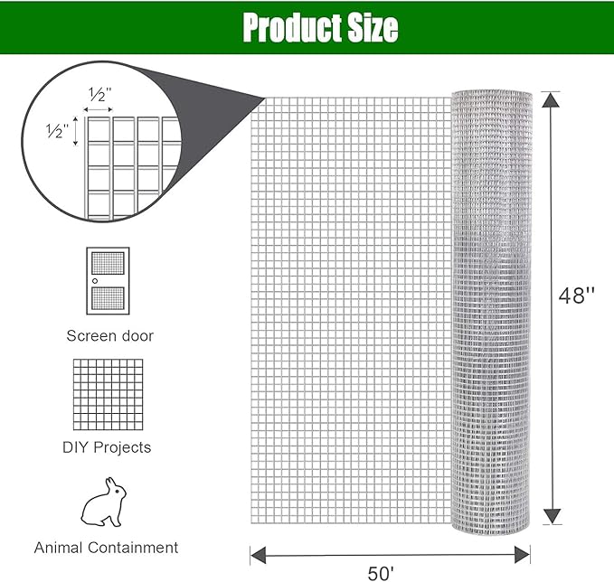 Hardware Cloth for Chicken Wire Fencing-1/2in Mesh AWG 19 Gauge 48in x 50ft Hot-Dip Galvanized Welded Wire Mesh Roll-Rabbit Hutch, Snake Barrier, Garden Protection, Small Animal Enclosure