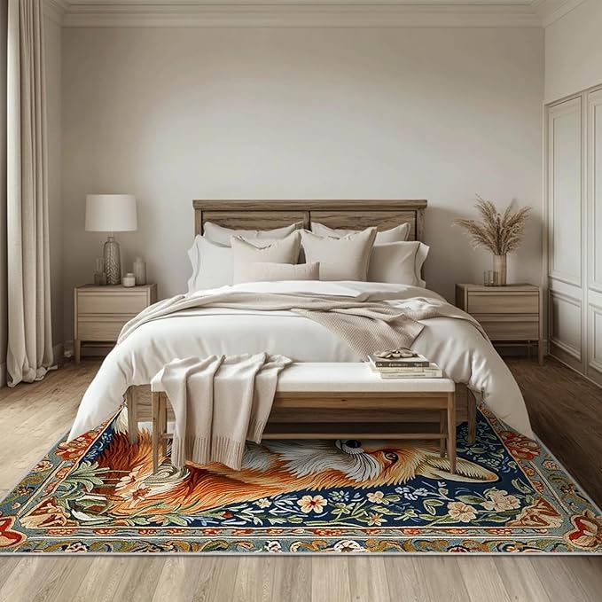 6x9 Fox Area Rugs Boho Floral Flower Rug for Living Room Indoor Soft Non-Slip Thin Large Carpet Vintage Rugs for Bedroom Home Decor Under Table Washable Machine
