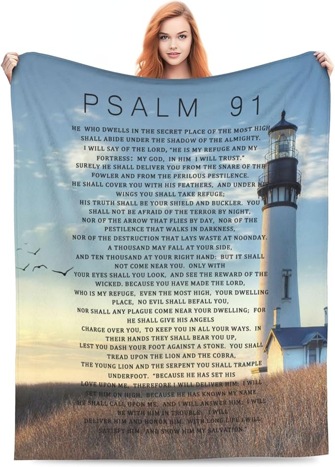 Psalm 91 Blanket Christian Lighthouse Gifts Religious Bible Verse Scripture Throw Blanket Comfy Plush Flannel Fleece Warm Soft Fluffy Fuzzy Blanket for Prayer Women Teens for Bed Sofa Couch 60"X80"