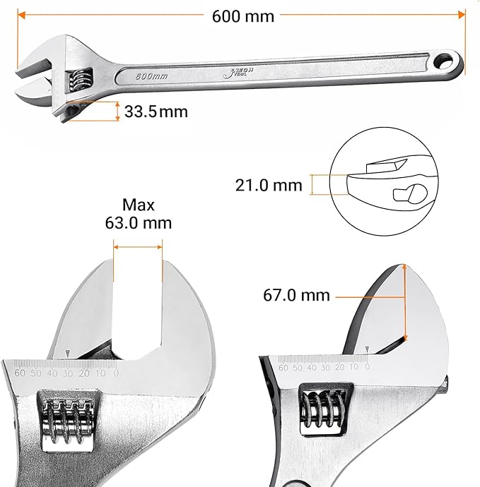 Jetech 24-Inch Adjustable Wrench - Professional Heavy Duty Chrome Vanadium Steel Shifter Spanner with Inch/Metric Scale Wide Caliber Opening