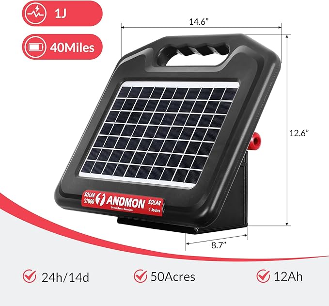 S1000 1 Joule Solar Fence Charger, 40 Miles Solar Electric Fence Charger for Livestock, Horses, Cattle Sheep, Portable and Super Tough