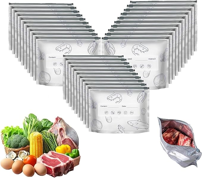 30Pcs Reusable Aluminum Foil Sealable Storage Bags, Thicken Stand Up Foil Sealable Bags with Label and Zip Lock, Aluminum Foil Bags for Food, Vegetable Fruit Meat (10*S+10*M+10*L)