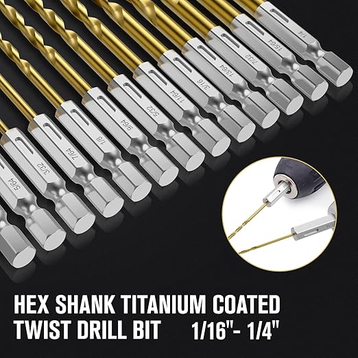 Hex Shank Drill Bit Set, 13Pcs HSS Titanium Twist Drill Bit for Sheet Metal, Wood, Plastic, Quick Change Design (1/16" - 1/4")