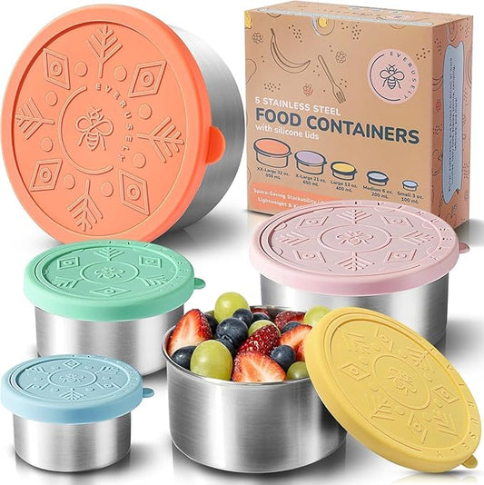 Everusely - Stainless Steel Containers with Lids - Set of 5, Bright Collection - Leakproof Stainless Steel Food Containers - Nesting Snack Holders - Metal Lunch Box - Portable & Reusable Meal Kit