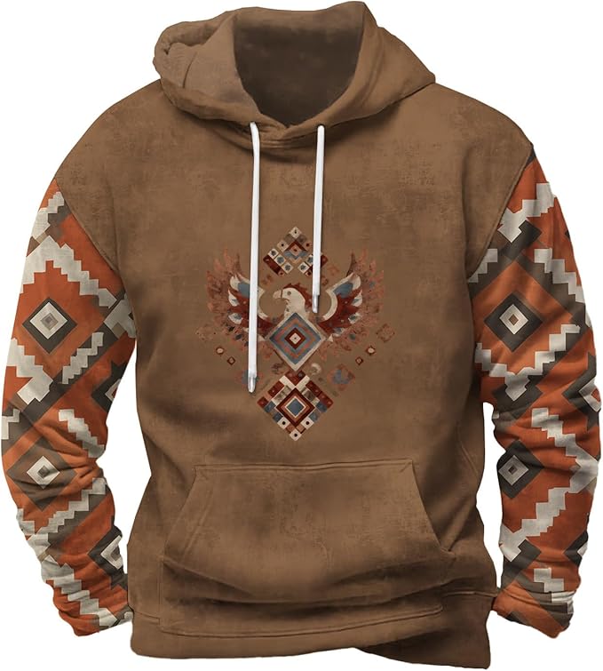 Mens Hooded Sweatshirt Vintage American Element Long Sleeve Fall Hoodie Classic Drawstring Front Pocket Pullover