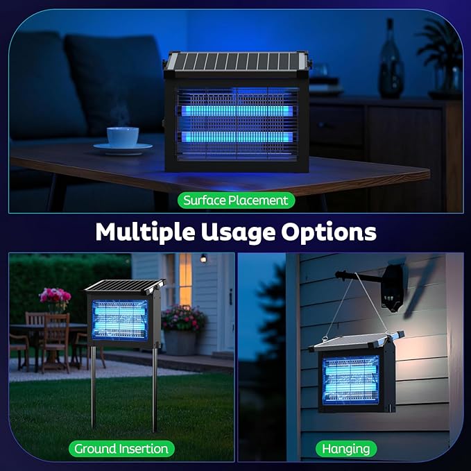 Solar Bug Zapper Outdoor with Projector Lights, Mosquito Zapper Waterproof Electric Fly Zapper Rechargeable with 10W Solar Panel, 4500V Cordless Fly Trap for Backyard, Patio, Garden, Camping
