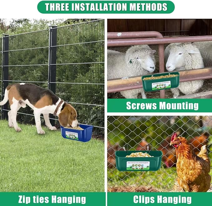 Chicken Feeder Waterer, 10 Pack Duck Feeder Supplies, Hanging Fence Feed Trough with Clips for Goat, Sheeple, Piglet, Gooses, Turkeys, Dog Livestock Poultry,Green