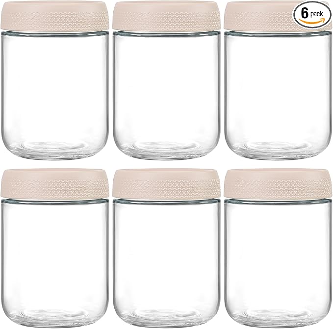 NETANY 6-pack 16oz Glass jars with Airtight Lids, Overnight Oats Containers with Lids, Wide mouth Mason Salad jars, Glass Food Storage Containers for Snacks Yogurt Spice Sugar-Beige