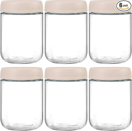 NETANY 6-pack 16oz Glass jars with Airtight Lids, Overnight Oats Containers with Lids, Wide mouth Mason Salad jars, Glass Food Storage Containers for Snacks Yogurt Spice Sugar-Beige