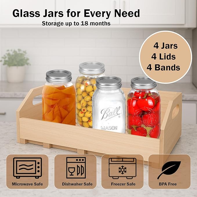 Ball Regular Mouth Mason Jars 32 oz. (4 Pack) - Quart Size Jars with Airtight Lids and Bands for Canning, Fermenting, Pickling, Meal Prep or DIY Decors and Projects Bundled with Peaknip Jar Opener