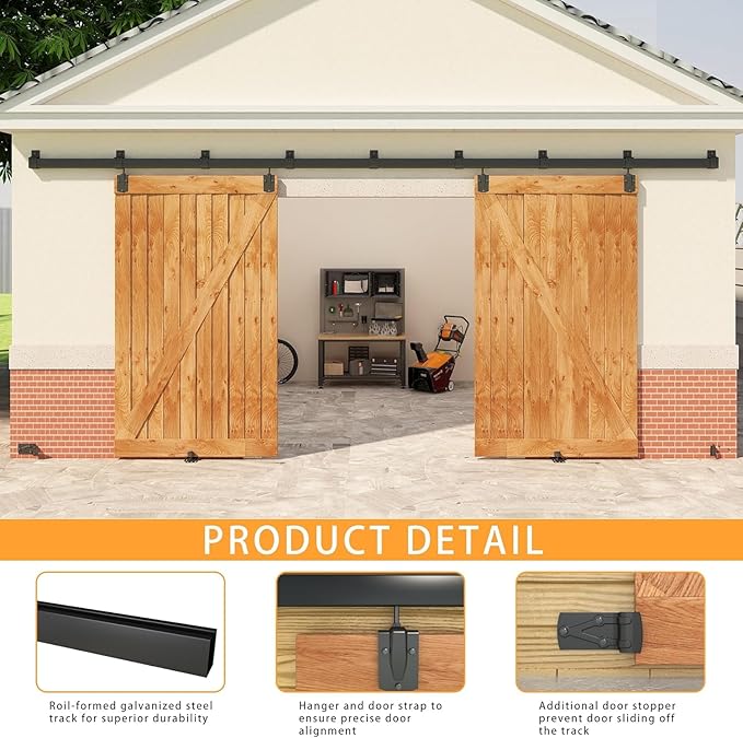 16FT Black Box Rail Exterior Barn Door Hardware Kit for 2 Doors, Sliding Heavy Duty Barn Door Track, Wall Mount Barn Door Hardware with 9 Track Brackets(Doors NOT Include)