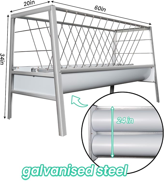 88 Gallon Goat Hay Feeder, 60" Length Goat Feeder, Heavy Duty Galvanized Steel Hay Rack, Non-Slip Base, Ease of Assembly, Double-Sided Feeding Hay Feeder for Goats, Sheep, Horses, Silver