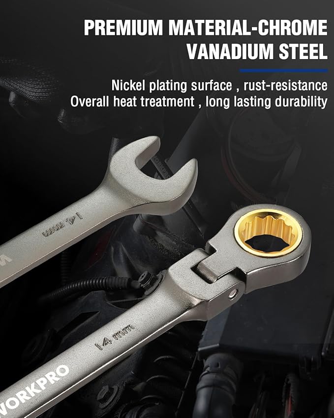 WORKPRO 14 mm Flex-Head Ratcheting Combination Wrench, Cr-V Constructed, Nickel Plating, 72-Teeth, 12 Point Design, Metric