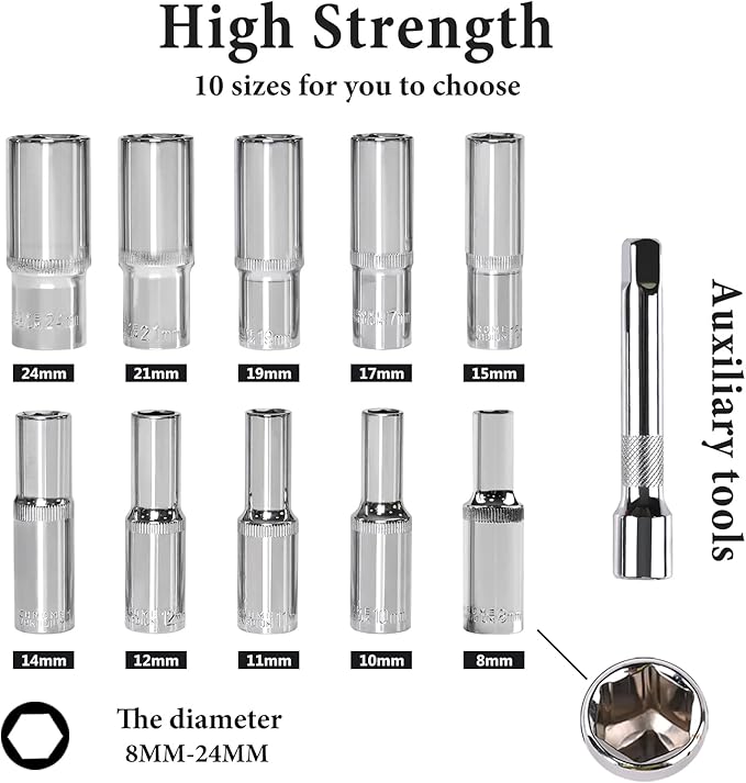 Egofine 12PCS 1/2" Drive Deep Socket Set,Metric(8-24MM),6-Point, Cr-V Steel