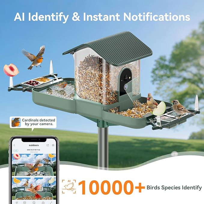 Dual-Lens Bird Feeder with Camera & Bird Bath Combo, Watch Birds Eat & Bathe with WiFi 2K HD Video, Auto Record, AI Recognition, APP Alerts, Solar Powered, for Backyard Garden Porch Fence Decor