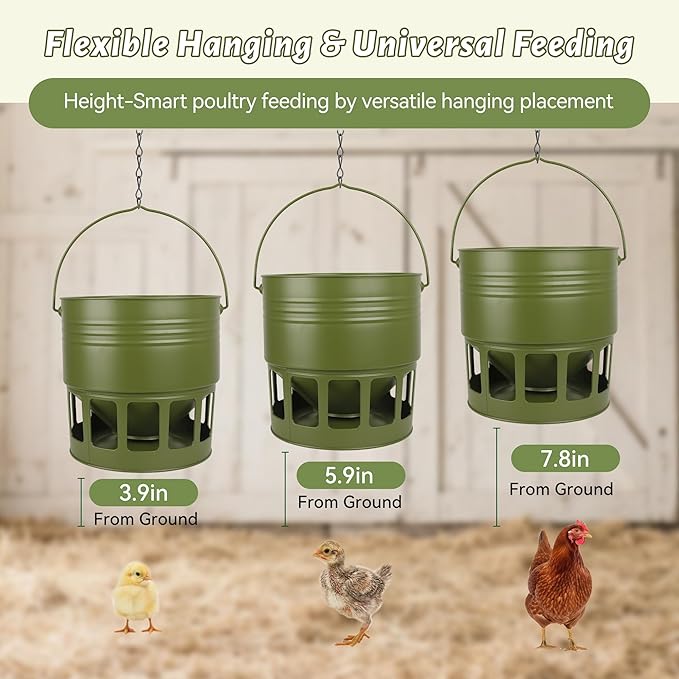Hanging Chicken Feeder – 20lbs Metal Chicken Feeder, Adjustable Poultry Feeder with 12 Ports, No Installation & Universal Height Design (Avocado Green, 20lbs)