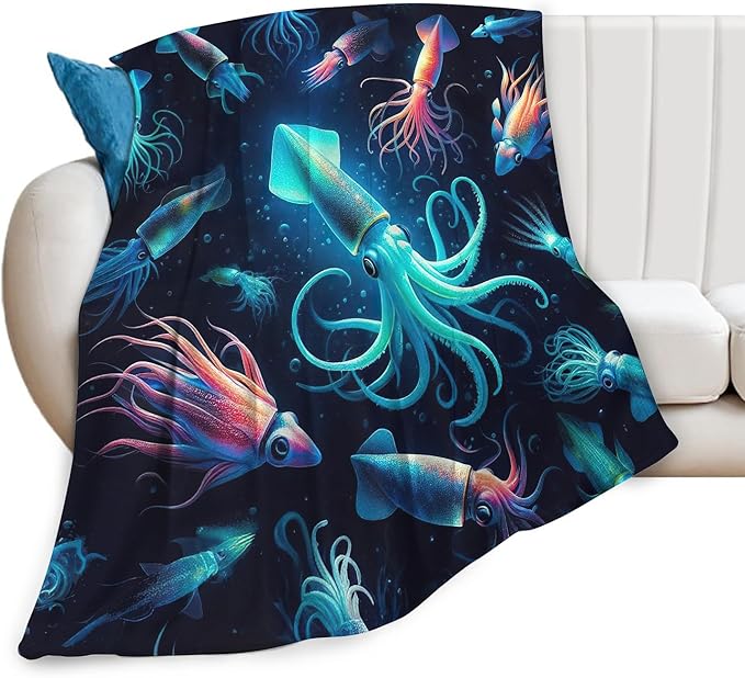 Squid Blanket Decor Gifts for Squid Lovers Flannel Fleece Fuzzy Throw Blanket Soft Warm Cozy Plush Ocean Animal Blanket for Bed Couch Living Room Stuffed Decoration for Kids Adult 60"x50"