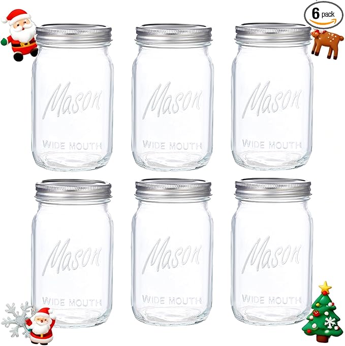 WELLIFE Wide Mouth Mason Jars, 6 Pack Mason Jars 32 oz for Pickling, Canning, Fermenting and Food Storage, Microwave & Dishwasher Safe