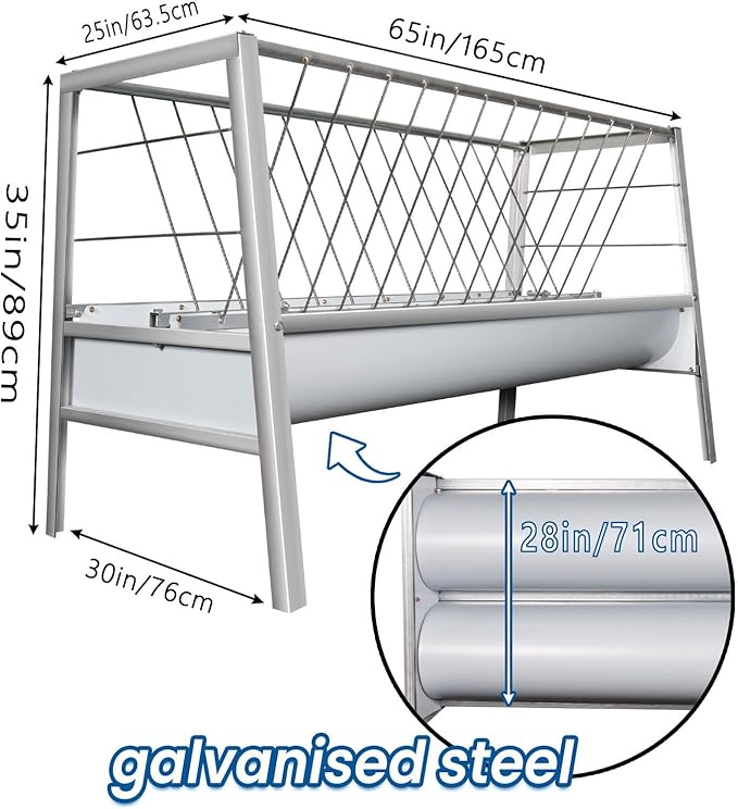 5 Ft Long Goat Hay Feeder, 88 Gallon Feeding Tray for Livestock Feeder, 2 in 1 Hay Feeder for Goats, Feeding Goats, Sheep and Ponies, for Farms, Sheep Sheds (Galvanized)
