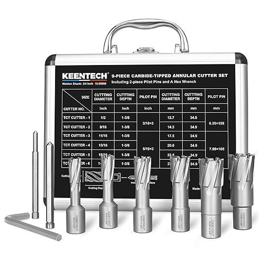 KEENTECH 9-PC Carbide-Tipped Annular Cutter Set, 1/2" to 1-1/16" Cutting Diameter, 1-3/8" Cutting Depth, 1/4" Weldon Shank Mag Drill Bits Kit, 2pcs Pilot Pins& 1pc Hex Wrench Included