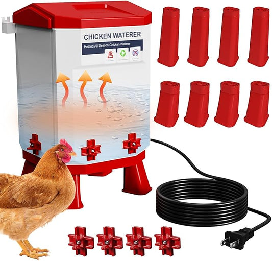 Nexum 2-Gallon Heated Chicken Waterer – All-Season Poultry Drinker with 4 Nipples and Stand, Keeps Clean & Unfrozen, Easy-Fill, Low Maintenance for Chickens, Ducks & Quail (Red, 7L)