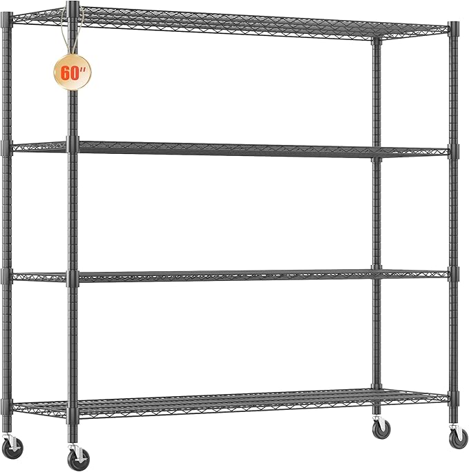 Homdox 60”W Storage Shelves, 4 Tier Heavy Duty Wire Shelving Unit with Wheels, 2400LBS Commercial Adjustable Metal Shelves for Storage, Garage Rack Pantry Shelves Kitchen Shelving, 24"x60"x72", Black