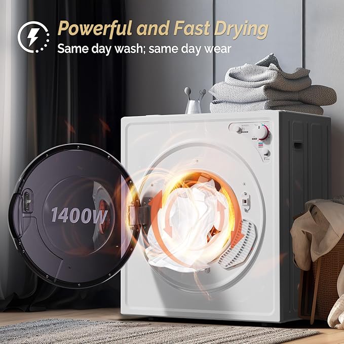 ROVSUN 2.6 Cu.Ft. Portable Dryers for Laundry, Compact Portable Clothes Dryer with Stainless Steel Tub, Dryer Machine, 110V Electric Dryer with Control Knob for Apartment, Dorm, RV, White, 1400W