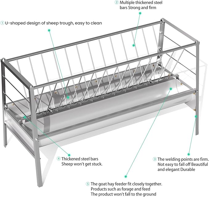 88 Gallon Goat Hay Feeder, 60" Length Goat Feeder, Heavy Duty Galvanized Steel Hay Rack, Non-Slip Base, Ease of Assembly, Double-Sided Feeding Hay Feeder for Goats, Sheep, Horses, Silver